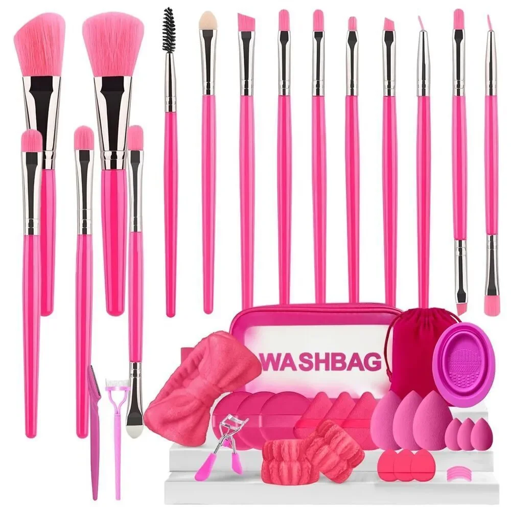48Pieces Pink Professional Premium Synthetic Make up Brushes With Makeup Sponge